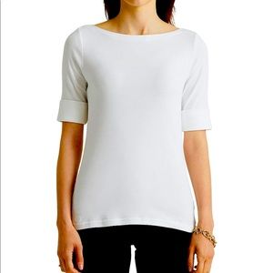 Ralph Lauren Stretch Cotton Blend Boat Neck Elbow Short Sleeve Top, Large